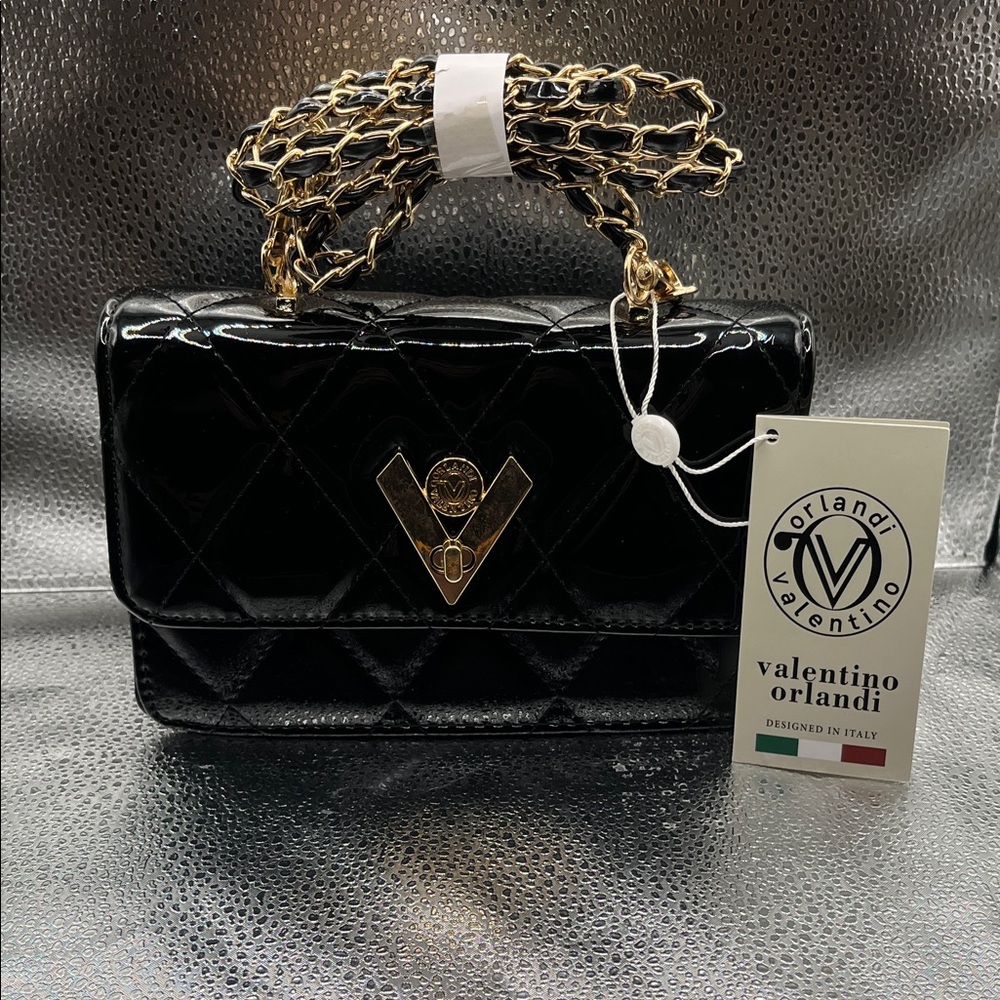 Valentino Orlandi Black Quilted Mini Bag with Gold Accents